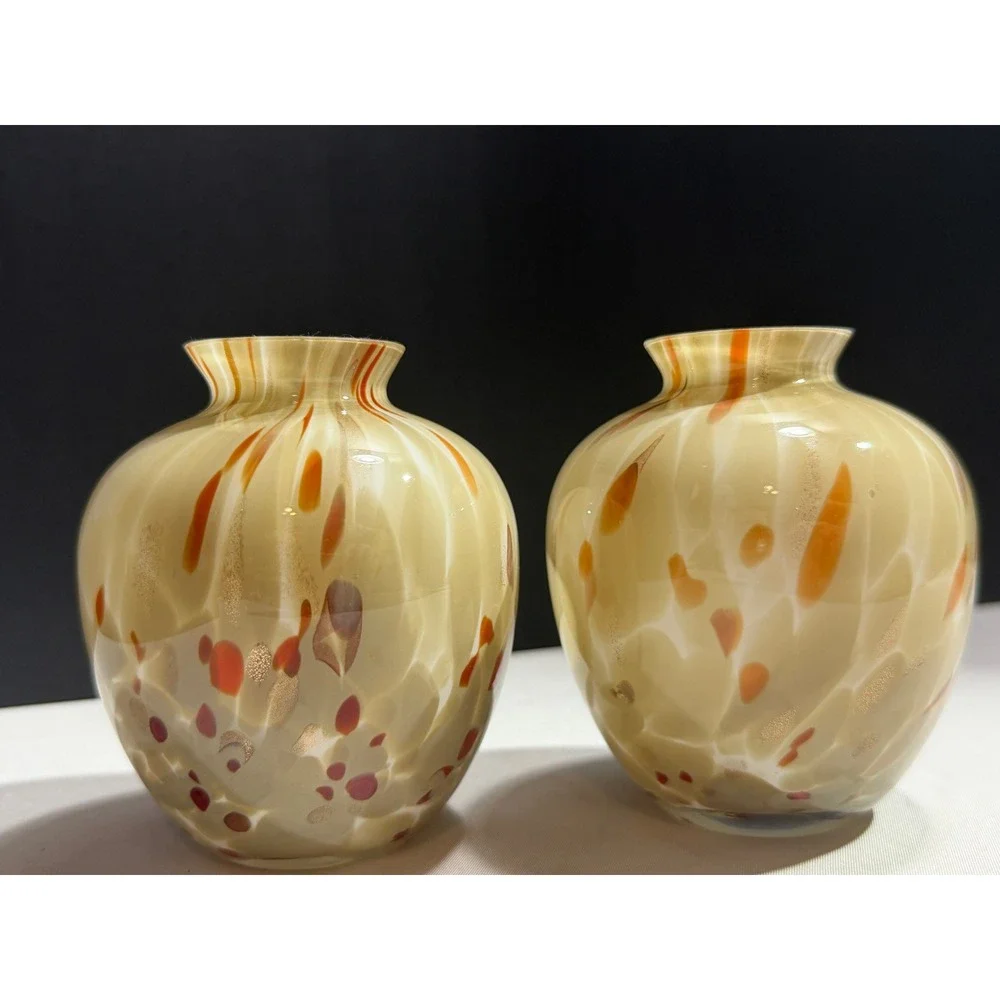 Artisan Hand Blown Glass Bud Vases Tan Red Confetti Gold Aventurine Set of 2